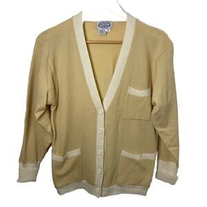 VTG 60s The Villager V-Neck Yellow Cream Lambswool Button Cardigan Preppy M/L